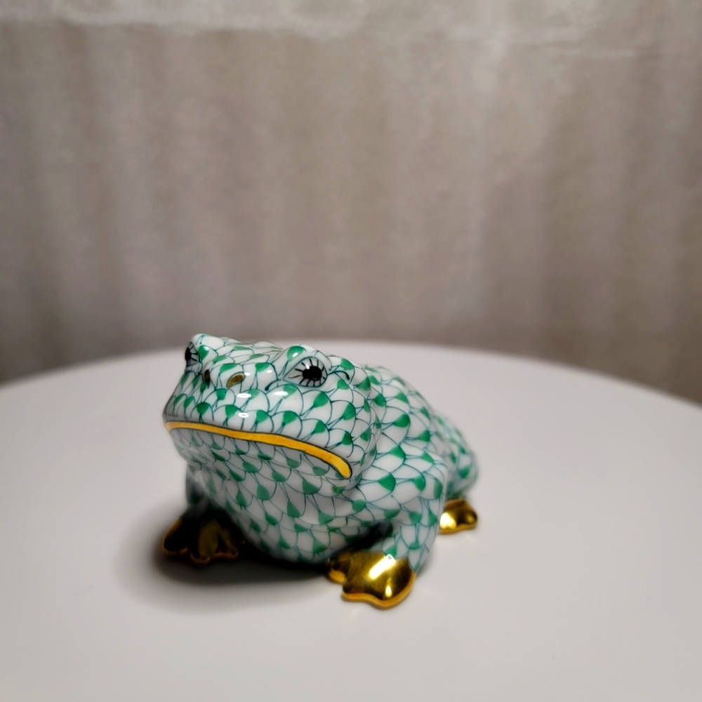 Herend Lush Green Fishnet Frog Toad 24K Mantle Table Figure 3” Figurine Vintage